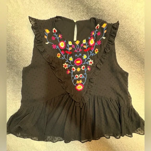 Zara Black Swiss Dot Embroidered Crop Peplum Sleeveless Top Blouse Small S - Picture 6 of 8